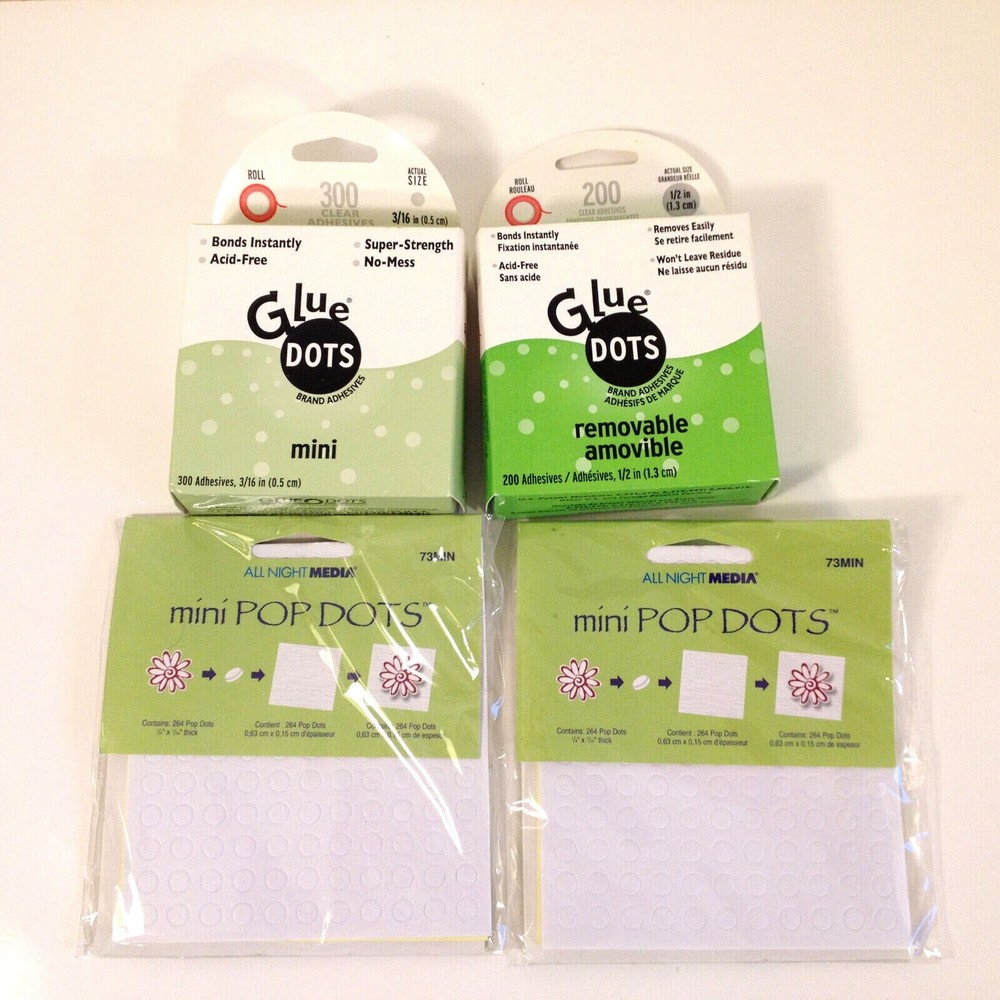 4 Packs Glue Dots & Mini Pop Dots 200 1/2" 300 3/16" Glue Dots 528 Mini Pop Dots